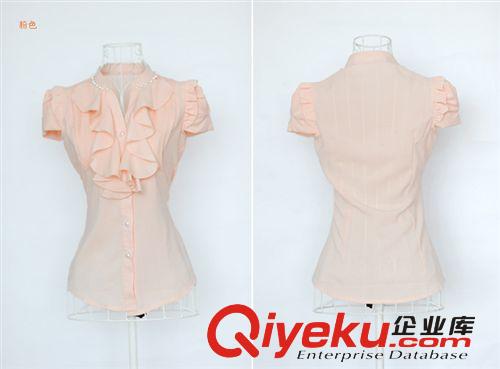 2012新款韓版 女裝襯衣 荷葉邊 釘珠 立領(lǐng) 泡泡袖修身襯衫 襯衣原始圖片2