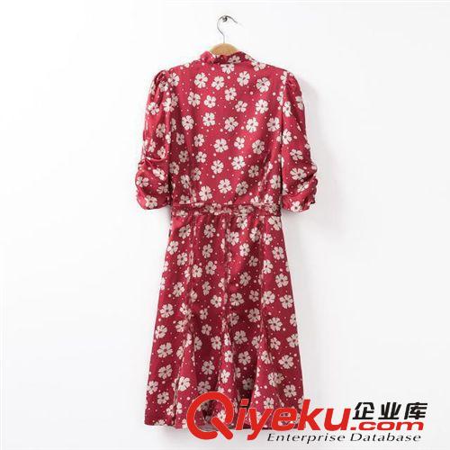 廠家直銷 2014秋季女裝歐美風走秀款蝴蝶結領收腰雛菊印花連衣裙原始圖片2