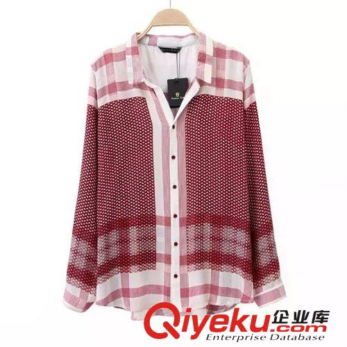 廠家直銷 2014秋季歐美新款 時(shí)尚簡約V領(lǐng)紅格子印花長袖襯衣襯衫原始圖片2