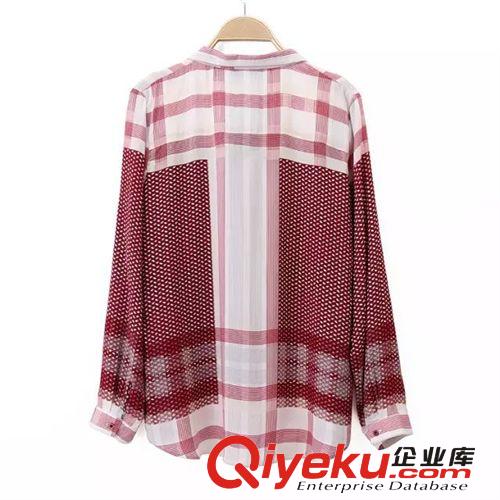 廠家直銷 2014秋季歐美新款 時(shí)尚簡約V領(lǐng)紅格子印花長袖襯衣襯衫原始圖片3