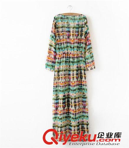 廠家直銷 2014夏季新款 歐美薄長(zhǎng)袖修身超長(zhǎng)披風(fēng)扎染連衣裙原始圖片2