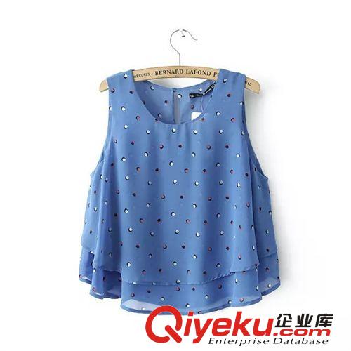 廠家直銷 2014夏季新款歐美風(fēng)雙層波點(diǎn)印花無袖背心T恤雪紡衫上衣原始圖片3