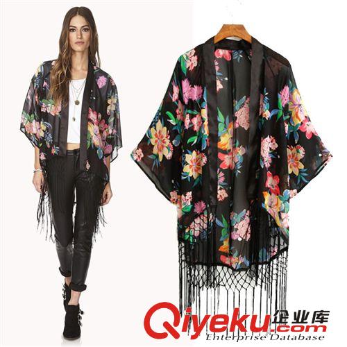 歐美風新款女裝批發 時尚復古印花寬松和服夾克女式外套開衫