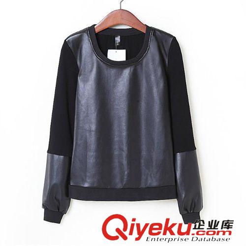 廠家直銷 2014秋季新品歐洲站dp女裝歐美風拼皮長袖套頭衛(wèi)衣原始圖片3