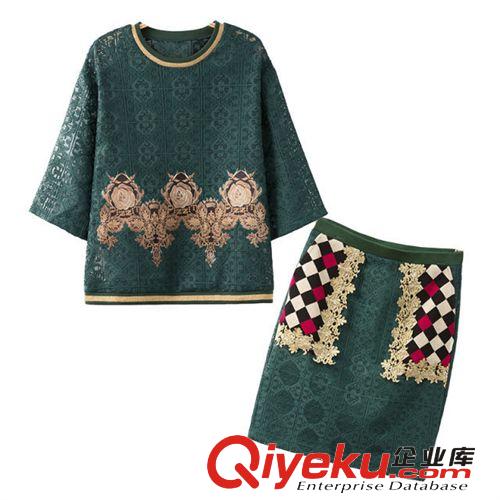 廠家直銷 2014秋季新宮廷蕾絲鉤花中袖ts蕾絲衫兩件套套裝女原始圖片2