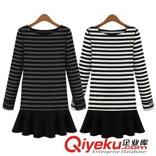 2014秋裝歐美新款女裝長(zhǎng)袖連衣裙圓領(lǐng)修身?xiàng)l紋拼接針織長(zhǎng)袖打底裙原始圖片3