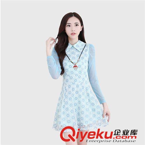 2014秋裝新款連衣裙 韓版蕾絲拼接修身網(wǎng)紗氣質(zhì)淑女領(lǐng)翻領(lǐng)連衣裙原始圖片3