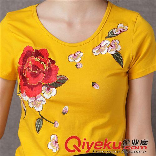原創(chuàng)2014新款撞色拼接假兩件女裝民族風刺繡女棉t恤短袖大碼原始圖片2