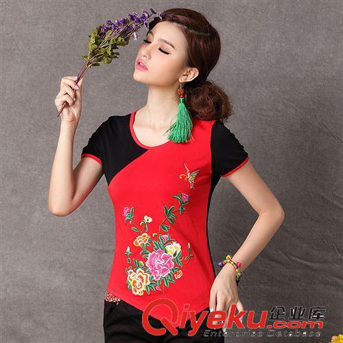 原創(chuàng)2014新款撞色拼接假兩件女裝民族風刺繡女棉t恤短袖大碼