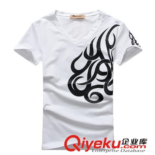 新款男裝V領(lǐng)修身短袖T恤 紋身印花男T恤韓版彈力T恤 打底衫