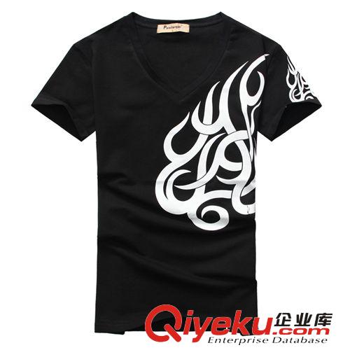 新款男裝V領(lǐng)修身短袖T恤 紋身印花男T恤韓版彈力T恤 打底衫