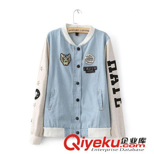 2014秋冬新款 刺繡虎頭圖案胸章字母拼接牛仔外套棒球服女原始圖片2