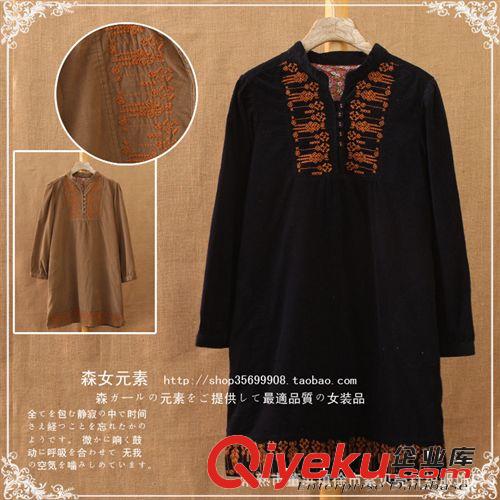 森女系2014日系新款冬森林系復(fù)古刺繡 文藝 加厚夾棉長袖連衣裙原始圖片2