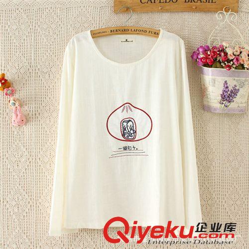 2014秋裝新款森女系卡通刺繡寬松百搭長袖棉麻T恤打底衫女原始圖片2