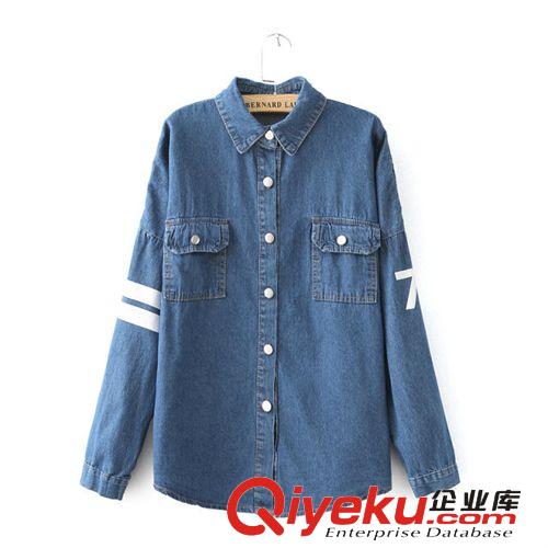 2014秋季新品 日系寬松大碼翻領(lǐng)長袖刺繡牛仔襯衫上衣 可j卷袖