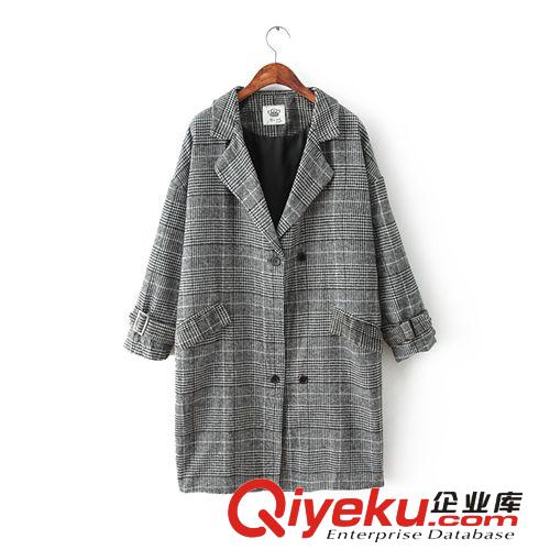 韓國(guó)東大門(mén)復(fù)古格子長(zhǎng)款呢大衣風(fēng)衣外套　寬松　女　2014秋裝新款原始圖片2