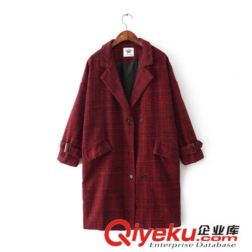 韓國(guó)東大門(mén)復(fù)古格子長(zhǎng)款呢大衣風(fēng)衣外套　寬松　女　2014秋裝新款原始圖片3