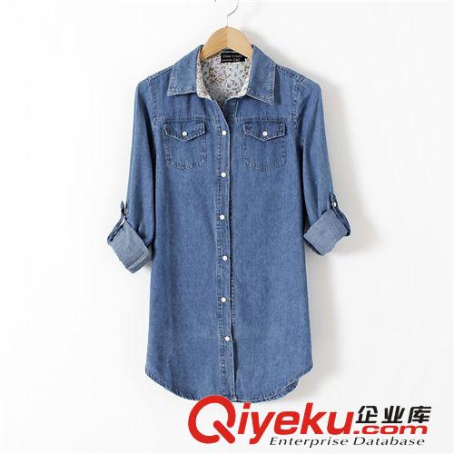 秋秋裝新品淺色珍珠扣長袖女款牛仔襯衣襯衫有大碼 女原始圖片2