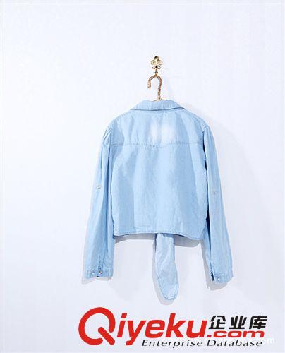 廠家直銷2014女式外貿(mào)日本VIVI雜志款長袖短款牛仔襯衫前打結(jié)外套