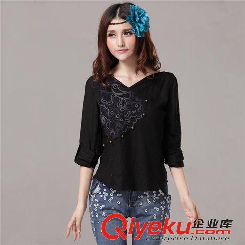 LX3038 2014新款 寬松大碼 棉麻女裝 刺繡長(zhǎng)袖 民族風(fēng)女裝 襯衫原始圖片3