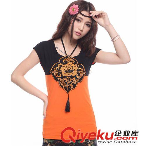 X8533 2014夏季女裝新款民族風(fēng) 貼布繡花中國結(jié) 掛脖T恤女批發(fā)原始圖片2