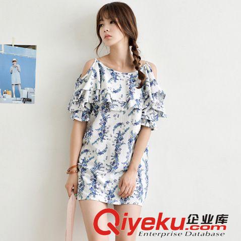 韓國(guó)代購(gòu)東大門(mén)復(fù)古印花寬松亞麻露肩短袖連衣裙原始圖片2