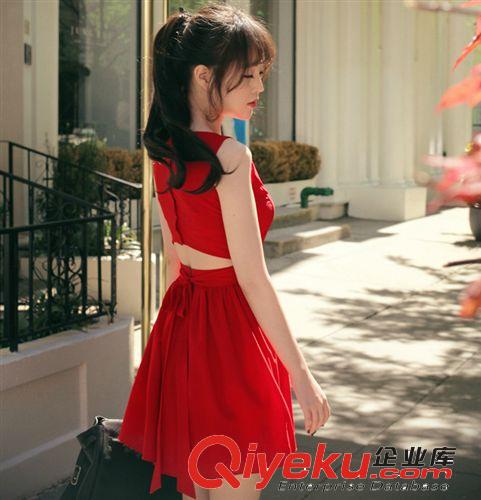 韓國代購夏新款圓領無袖蕾絲拼接連衣裙系帶褶皺一步裙