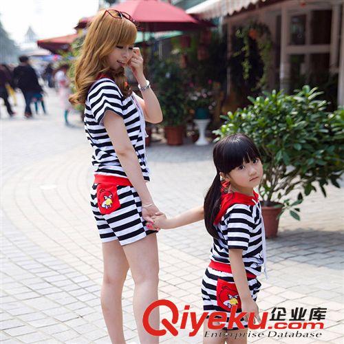 BJYG1613夏季親子裝 母女裝條紋連帽T恤短褲休閑套裝卡通媽媽裝原始圖片2