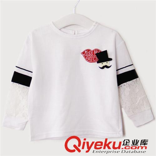ay02夏季新款外貿童裝 休閑女童蕾絲拼接長袖 刺繡胸章純棉T恤原始圖片2