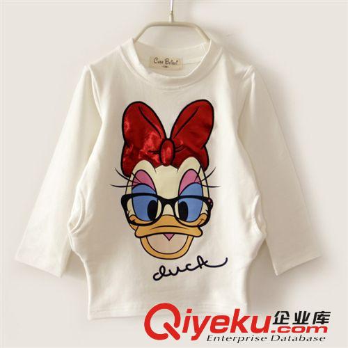 xmf04 2014童裝夏款外貿(mào)韓版童T恤長(zhǎng)袖可愛(ài)刺繡唐老鴨全棉口袋T恤原始圖片2