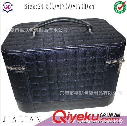 木質包皮產品|gd木盒子 手提式雙拉鏈頭翻蓋化妝箱 工廠訂做皮革刺繡海棉方格款化妝箱原始圖片3