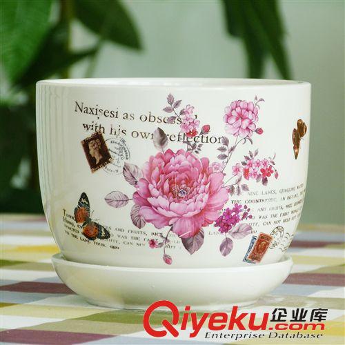2015年1月上新 生產(chǎn)批發(fā)歐式田園白色貼花鳥陶瓷花盆瓶器帶底盤17厘米直徑中號原始圖片2