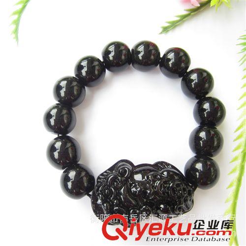 寶石手鏈 地攤琉璃飾品tr招財避邪黑珠轉運手鏈 14mm仿黑曜石貔貅手飾原始圖片3