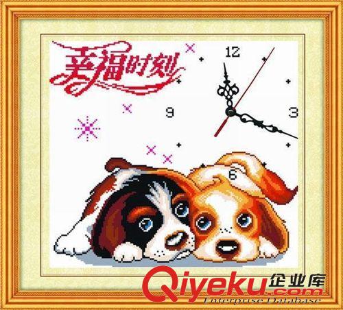 成品十字繡 繡好的十字繡成品 幸福時刻 兩只可愛小狗動物時鐘機繡電腦繡刺秀原始圖片2