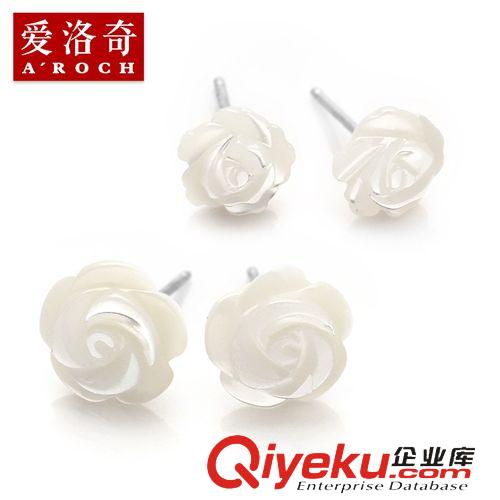 新款上市 925銀耳釘女白色天然貝殼玫瑰花朵女耳環(huán)耳飾品廠家直銷(xiāo)批發(fā)E121原始圖片2