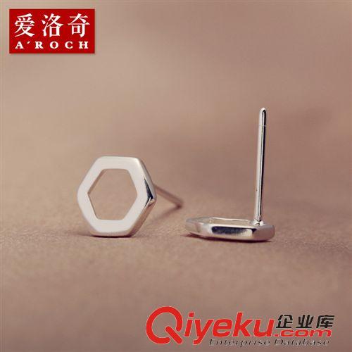 男士專區(qū) 925銀耳釘女小清新六邊形光面耳釘耳飾品男女士防過敏批發(fā)E957原始圖片2