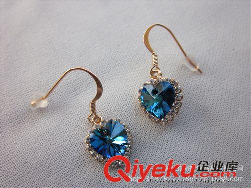 耳環 耳釘 歐美麗海洋之心i流蘇耳環鍍18K香檳金.鑲奧地利水晶藍幻彩耳環女