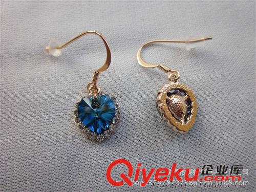 耳環 耳釘 歐美麗海洋之心i流蘇耳環鍍18K香檳金.鑲奧地利水晶藍幻彩耳環女