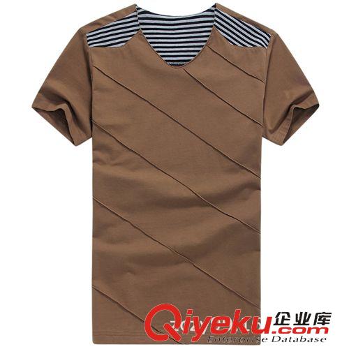2014夏季T恤訂做款 2014夏裝新品短袖 V領(lǐng)條紋T恤男裝韓版修身款3076