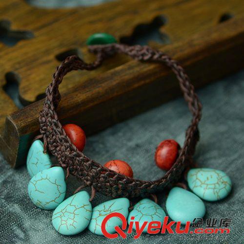 腳鏈 泰國(guó)風(fēng)飾品批發(fā) 原創(chuàng)設(shè)計(jì)手工松石紅珠蠟繩編織腳鏈女  2600443原始圖片3