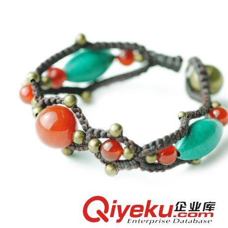 6月新品 泰國(guó)風(fēng)民族飾品紅瑪瑙 綠松石 銅珠 蠟繩手工編織手鏈女 2501643