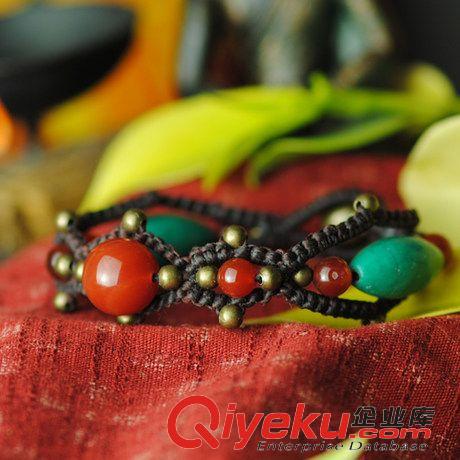 6月新品 泰國(guó)風(fēng)民族飾品紅瑪瑙 綠松石 銅珠 蠟繩手工編織手鏈女 2501643原始圖片3