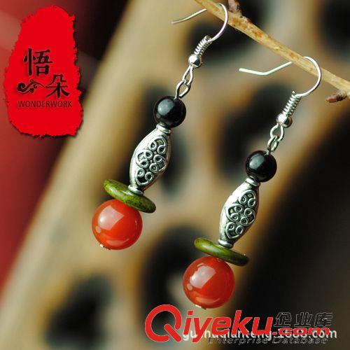 6月新品 原創(chuàng)設計民族風飾品批發(fā) 綠珠苗銀瑪瑙個性耳環(huán)藏飾耳墜女 15084原始圖片3
