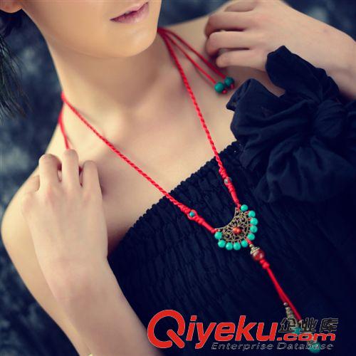 新品 民族風(fēng)項(xiàng)鏈?zhǔn)罪楋椘放l(fā) 松石臘線手工編織毛衣鏈波西米亞女04074