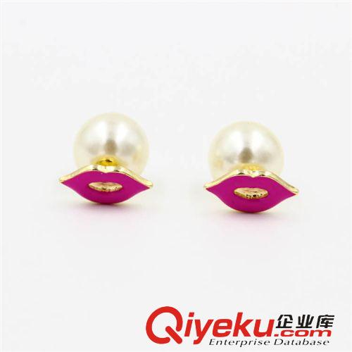 2015.1.5新品 歐美外貿飾品廠家批發 韓版時尚粉紅色嘴唇珍珠雙面女耳釘A-948原始圖片2