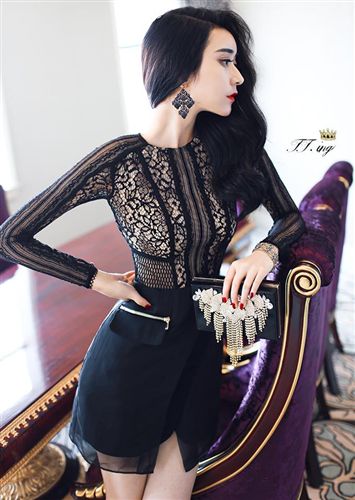 時尚明星款推薦 新款歐美性感夜店女裝 gd時尚氣質(zhì)緊身修身包臀蕾絲打底連衣裙