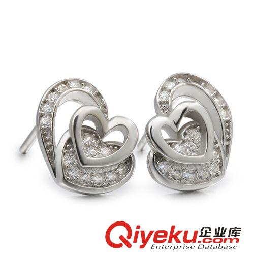 純銀耳飾專區(qū) 耳釘批發(fā) 925純銀耳釘韓國出口 微鑲耳飾 玫瑰金心連心 高檔耳釘原始圖片2