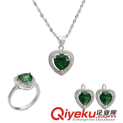 純銀套裝專區 廠家生產海洋之心婚慶鑲寶石旅游紀念紅色綠色藍色套裝飾品批發
