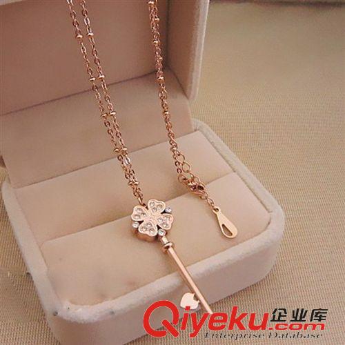 四葉草專區 2014新款飾品 鈦鋼玫瑰金帶鉆雙層四葉草耳釘 鏡面拋光 精美時尚