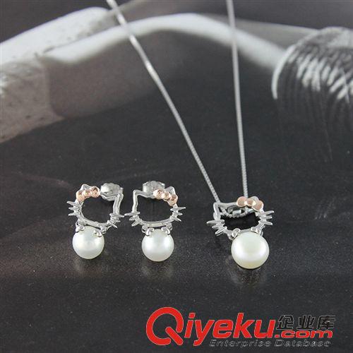 項(xiàng)鏈專區(qū) 廠家批發(fā) 925純銀首飾 【KT貓珍珠吊墜套鏈】韓版可愛混批詩(shī)尚